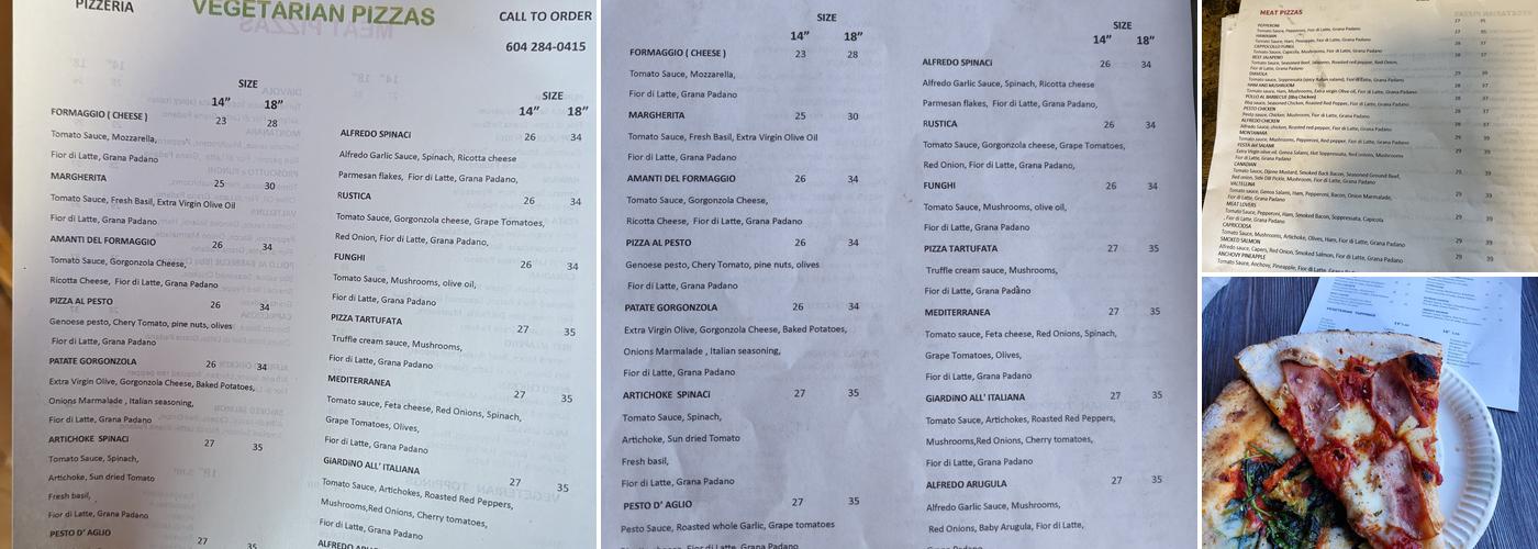 Moncton pizzeria Menu