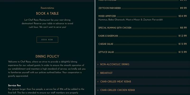 Chef Reza Thornhill Menu