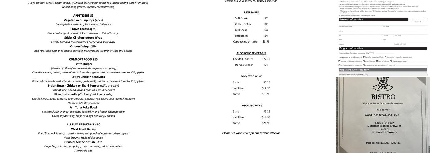 The Bistro at Vancouver Community College Menu