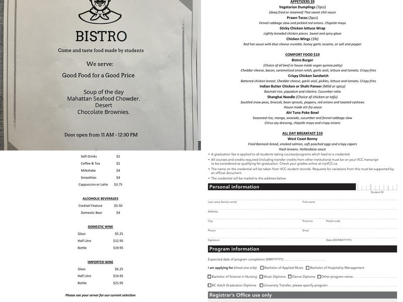 The Bistro at Vancouver Community College Menu