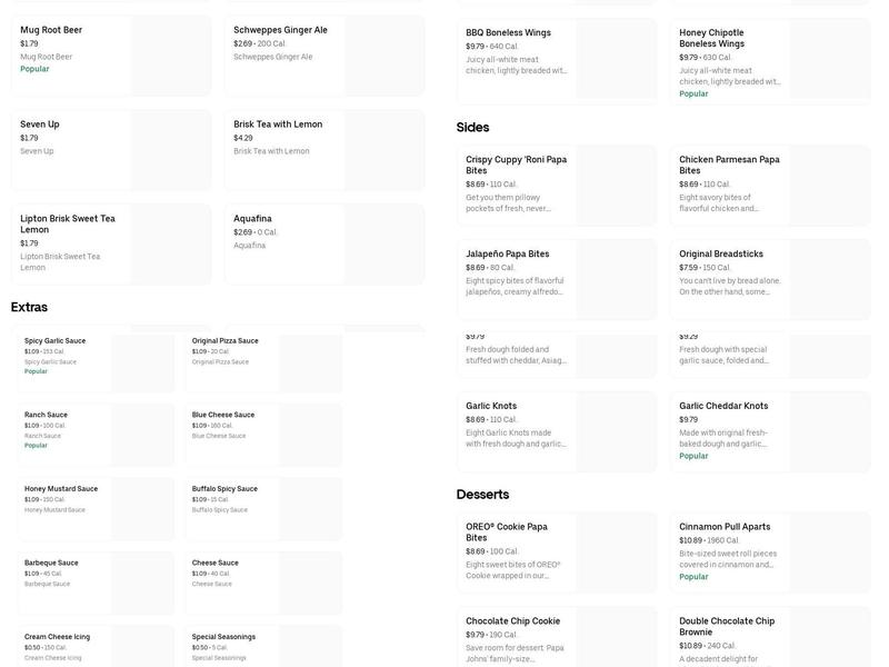 Papa Johns Pizza Menu