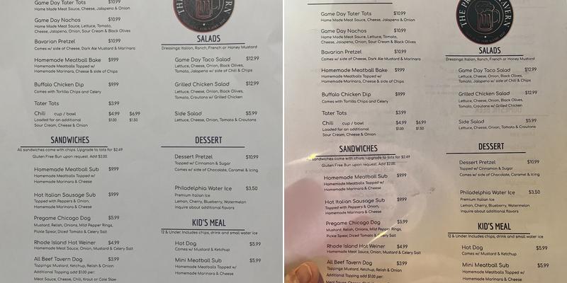 The PreGame Tavern Menu