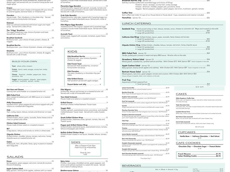 Bartram House Cafe and Bakery Menu