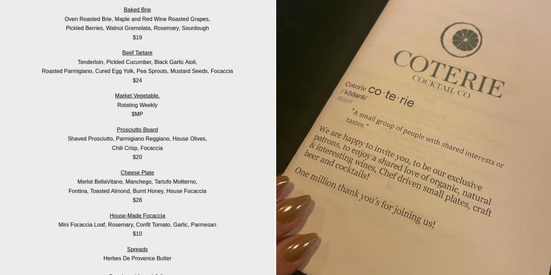 Coterie Micro Restaurant and Bar Menu