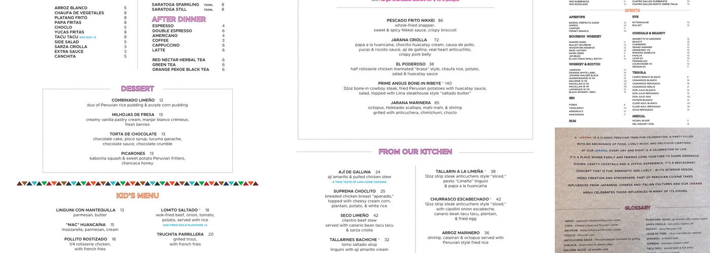 Jarana Aventura - Peruvian Cuisine & Pisco Bar Menu