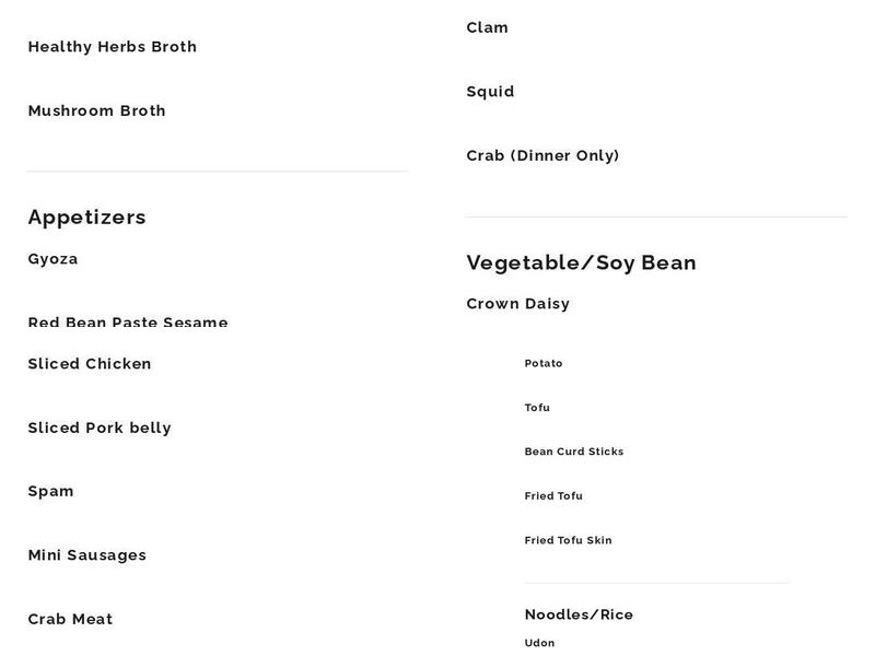 Hey! Hot Pot Menu