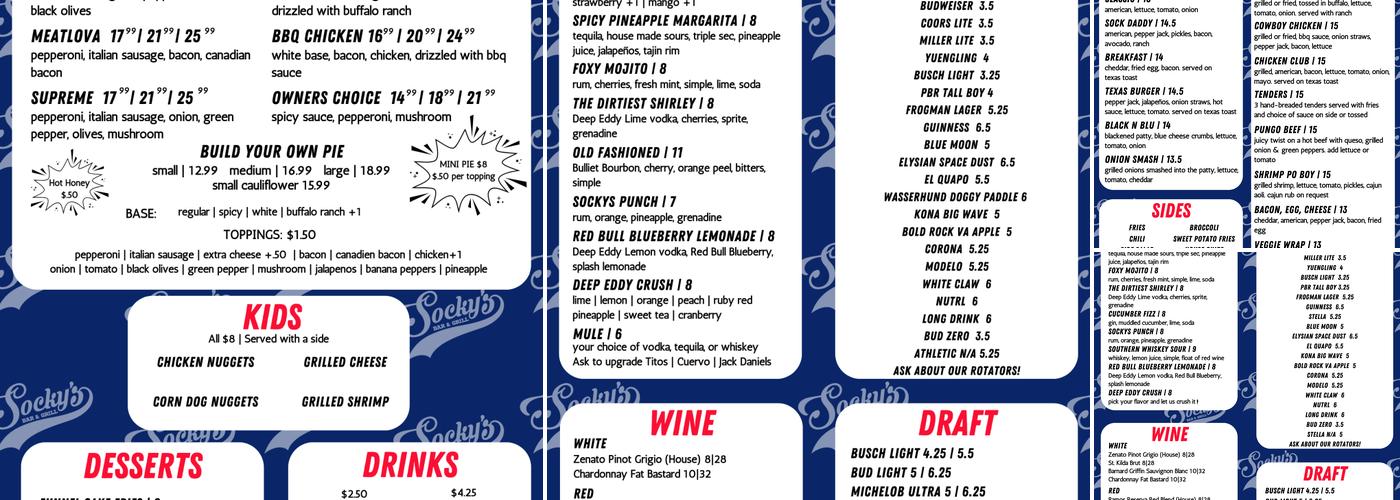 Socky’s Bar & Grill Menu