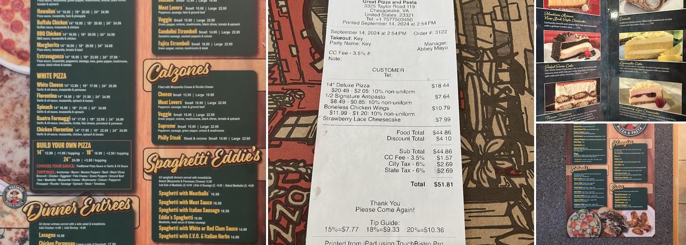 Great Pizza and Pasta Menu