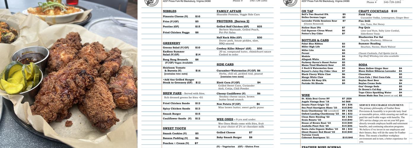 Feather Bone Provisions & Assembly Menu