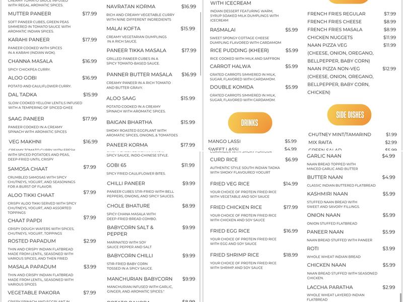 Indian Heaven Cuisine Menu