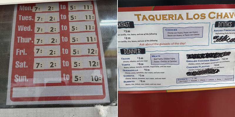 Taqueria Los Chavos Authentic Mexican Food Menu