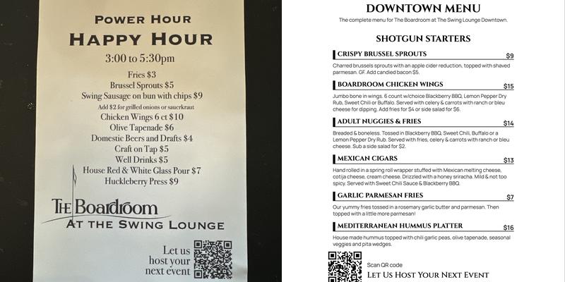 Swing Lounge Downtown Menu