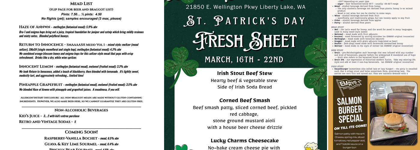 Emrys Beer & Mead Works Menu