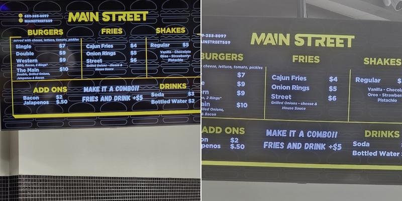 Main Street Burgers Menu
