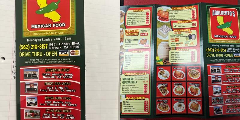 Adalberto's Mexican Food Menu
