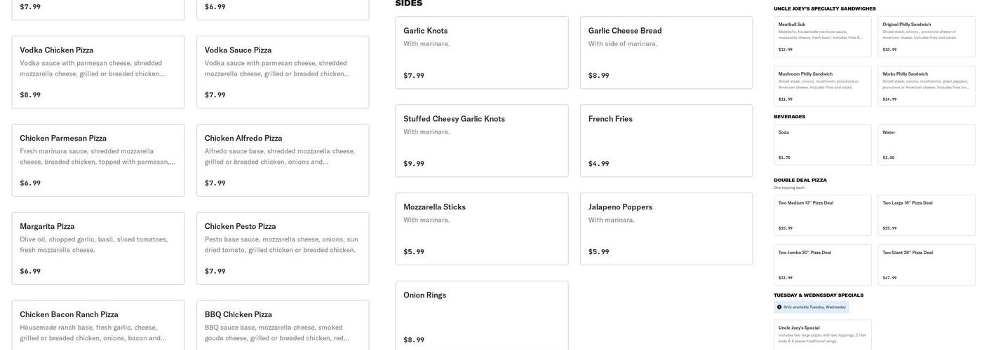 Uncle Joey's pizza and grill Menu