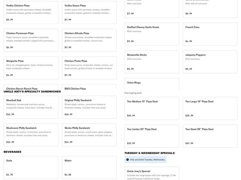 Uncle Joey's pizza and grill Menu