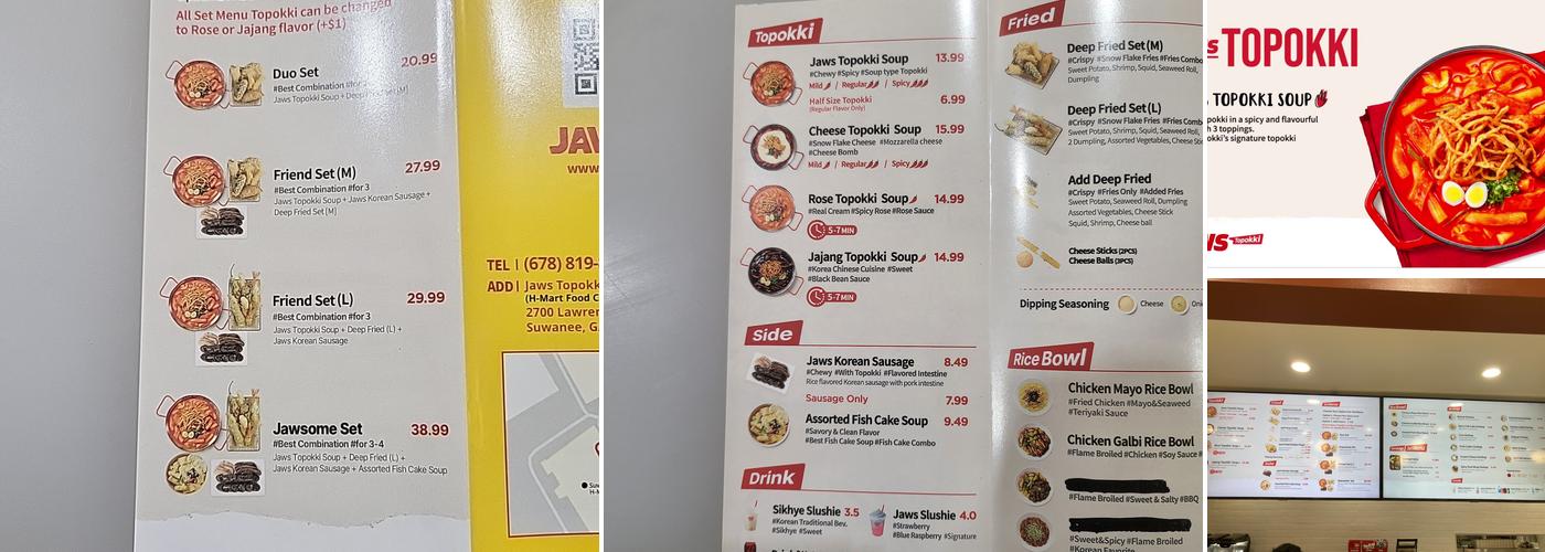 JAWS Topokki Suwanee (죠스 떡볶이) Menu