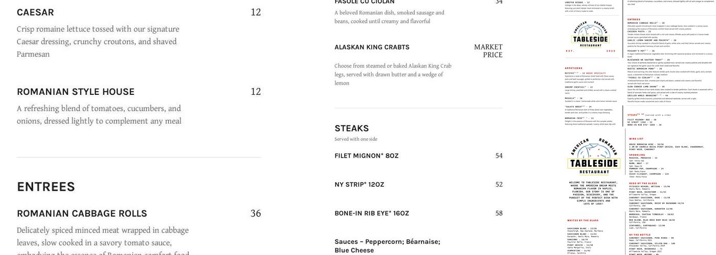Tableside Restaurant Menu