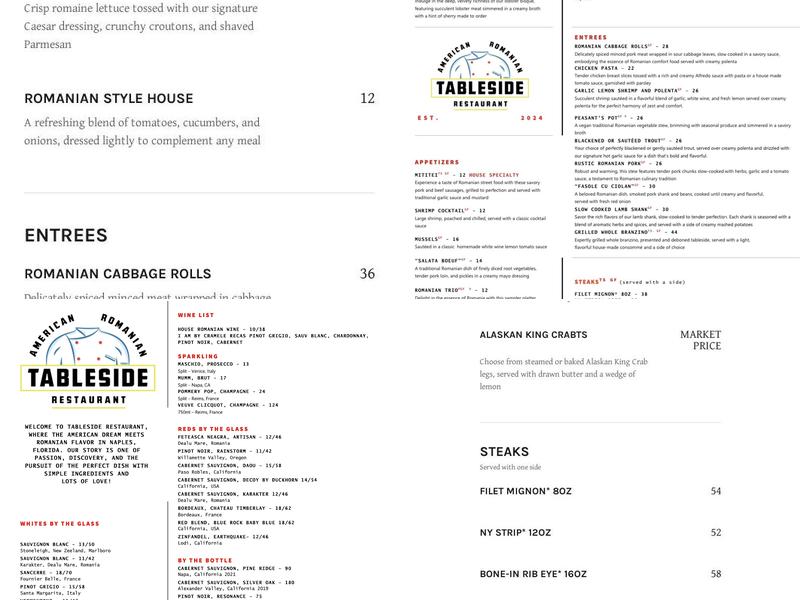 Tableside Restaurant Menu