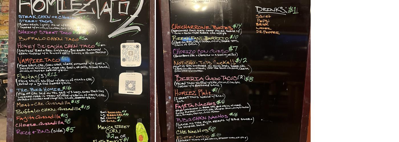 Homiez Tacoz Menu