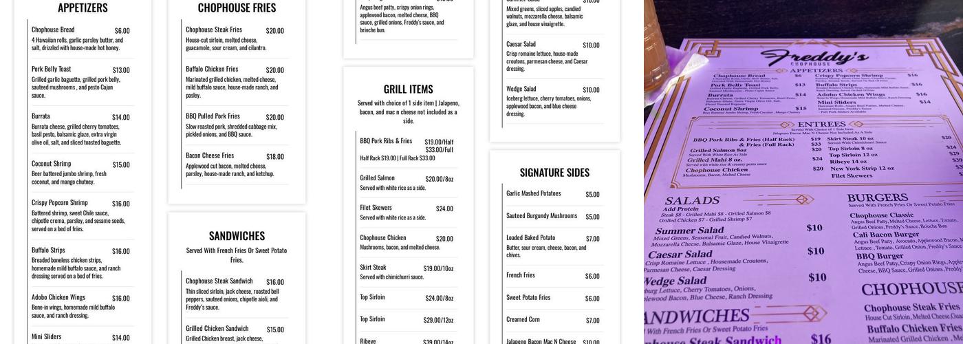 Freddy’s Chophouse Menu