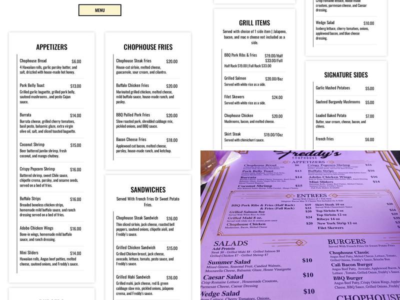 Freddy’s Chophouse Menu