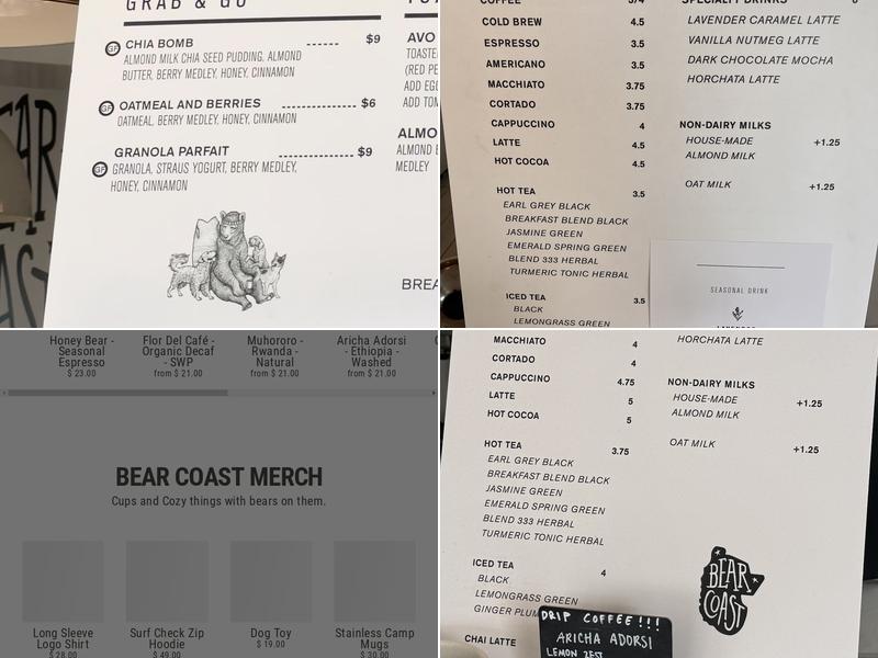 Bear Coast Coffee Menu