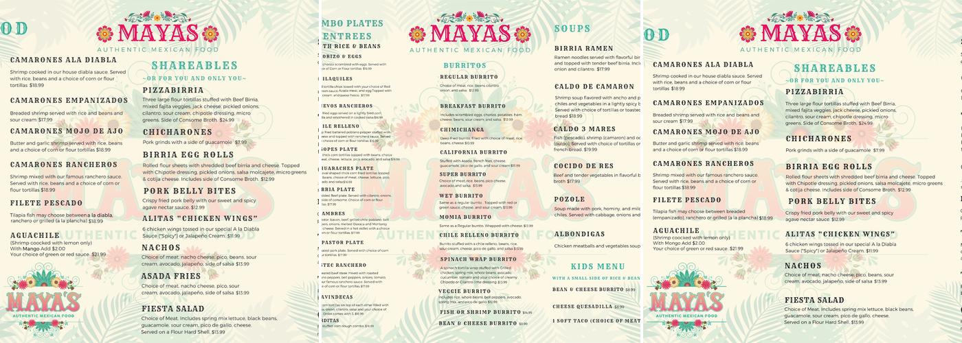 MAYA’S Authentic Mexican Food Menu