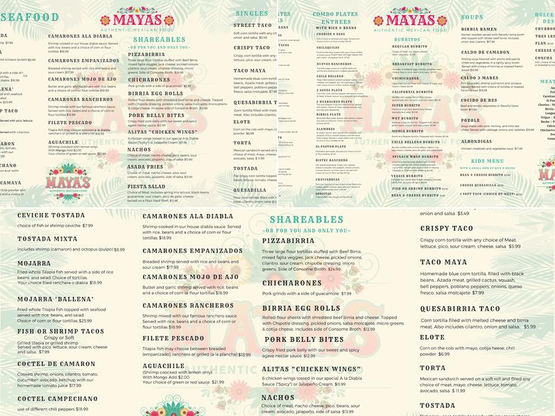 MAYA’S Authentic Mexican Food Menu