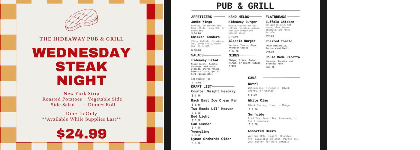 Hideaway Pub & Grill Menu