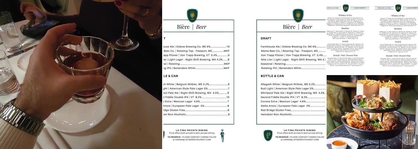 Privé Social Lounge at La Fina Restaurant Menu