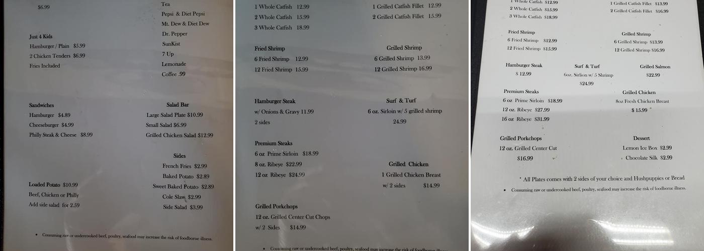 TJ’s Steak and Fish Menu