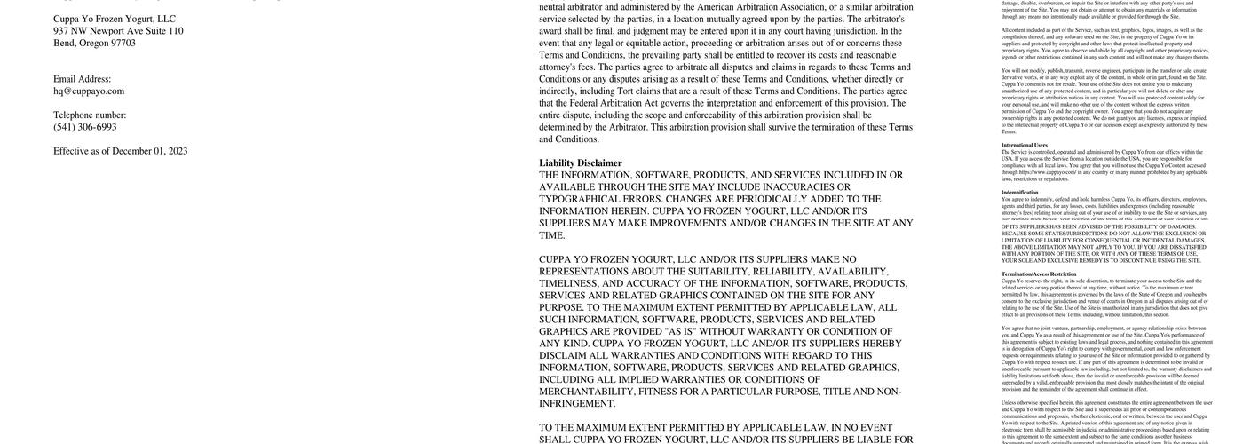 Cuppa Yo Frozen Yogurt La Pine Menu