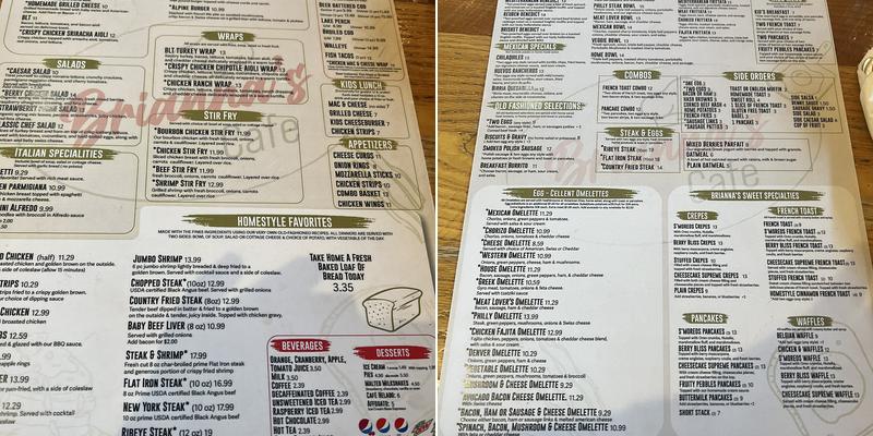 Brianna's Cafe Menu