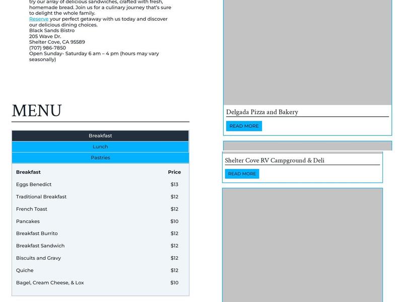 Black Sands Bistro Menu
