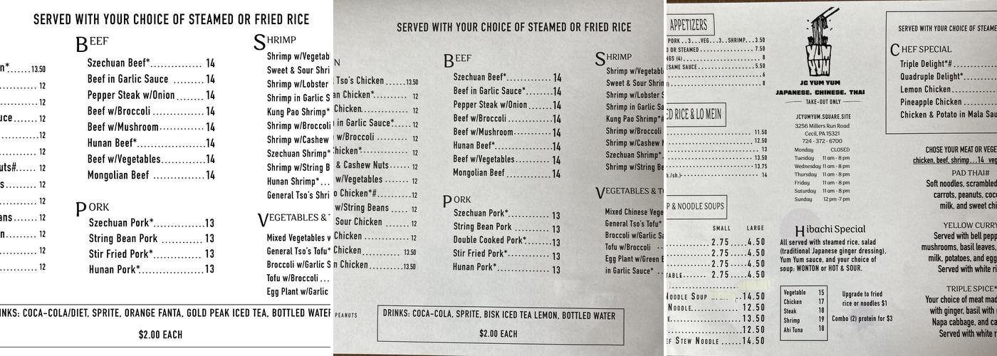 JC Yum Yum Menu