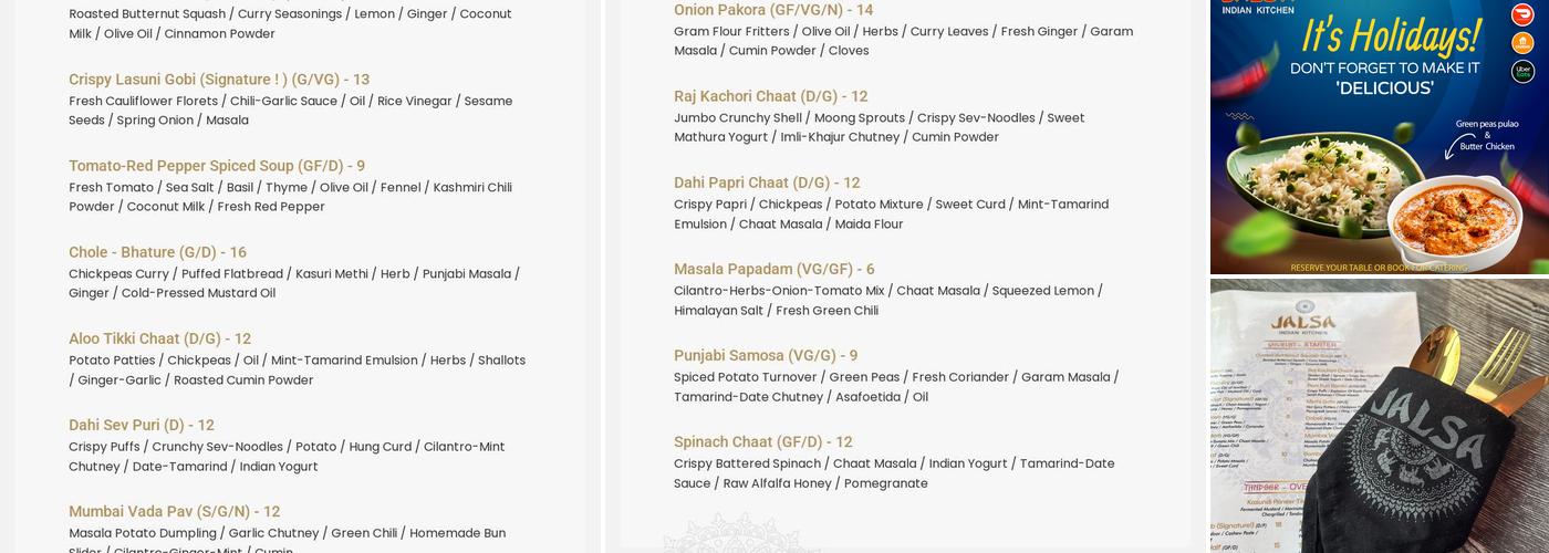 Jalsa Indian Kitchen Menu