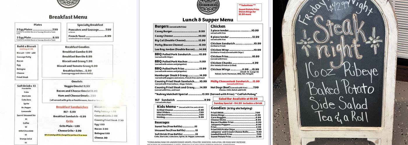 Casey’s on Main Menu