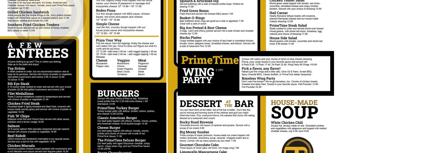 PrimeTime Sports Bar&Grill Menu