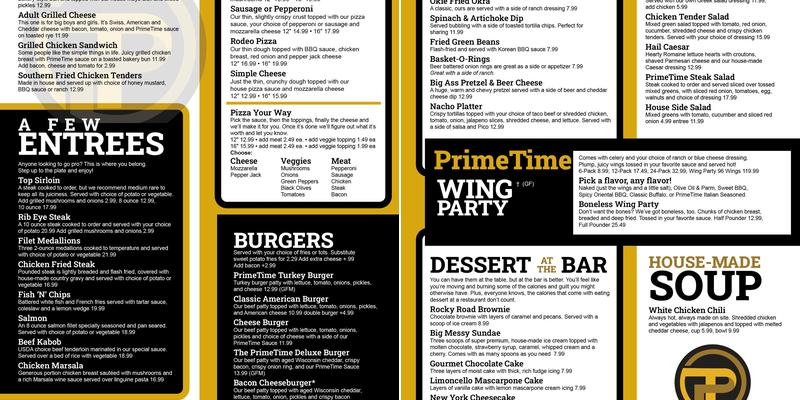 PrimeTime Sports Bar&Grill Menu