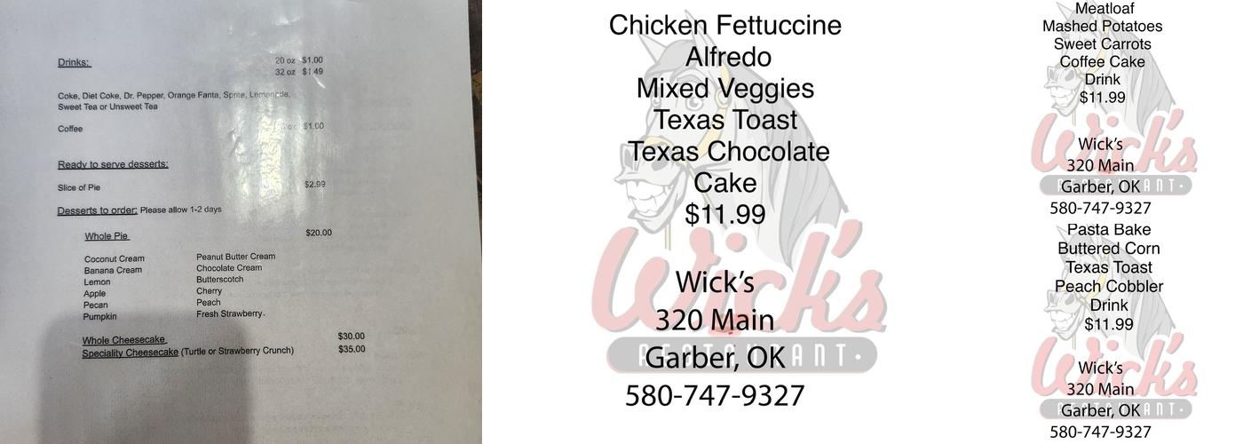 Wick's Restaurant Menu