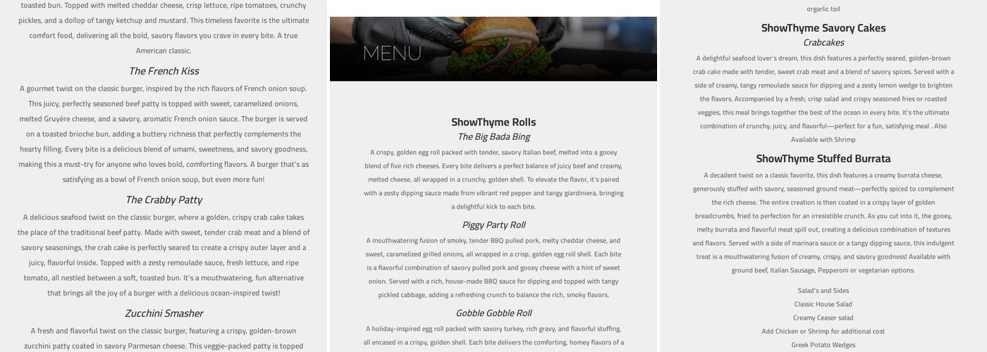 Showthyme Virtual Kitchen and catering Menu