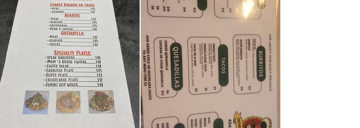 Mom’s Kitchen Menu