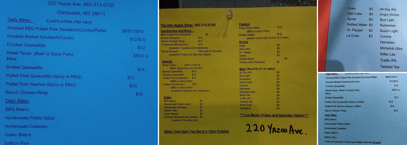 The Den Again Diner Menu