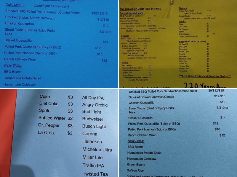 The Den Again Diner Menu