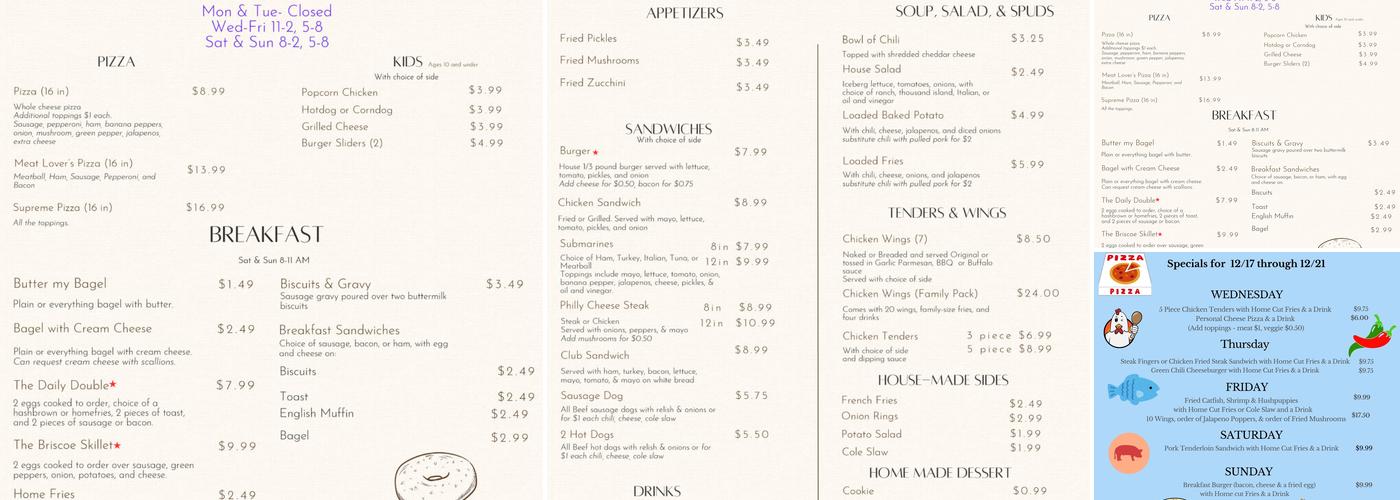 The Briscoe Bite Menu