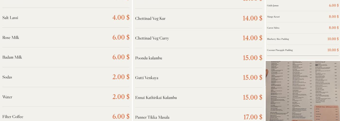 Sangam Indian Cuisine Menu