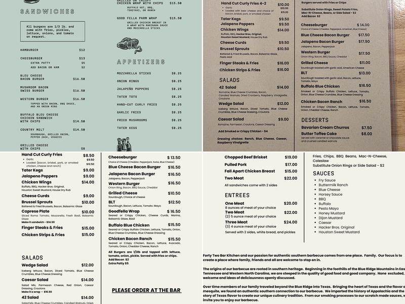 Forty Two Bar Kitchen Menu