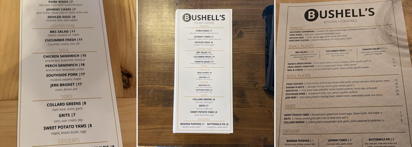 Bushell's Kitchen & Cocktails Menu
